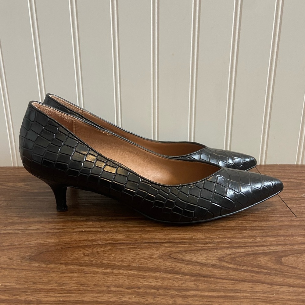 Vionic Josie Croc Kitten Heels Black Embossed Leather Women’s 8